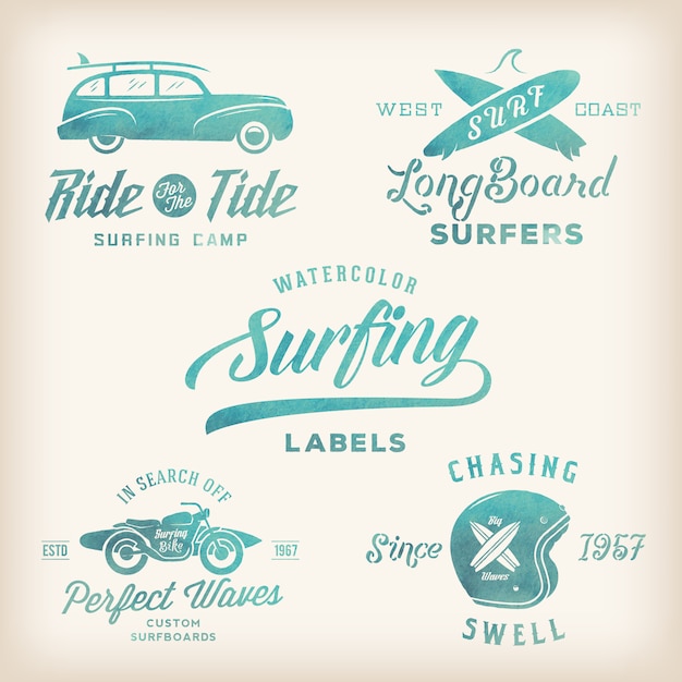 Etiquetas de surf de estilo retro de acuarela de vector, logotipos o diseño gráfico de camiseta con tablas de surf, surf woodie car, motocicleta silueta, casco, etc.