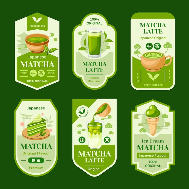 Etiquetas de té matcha de diseño plano