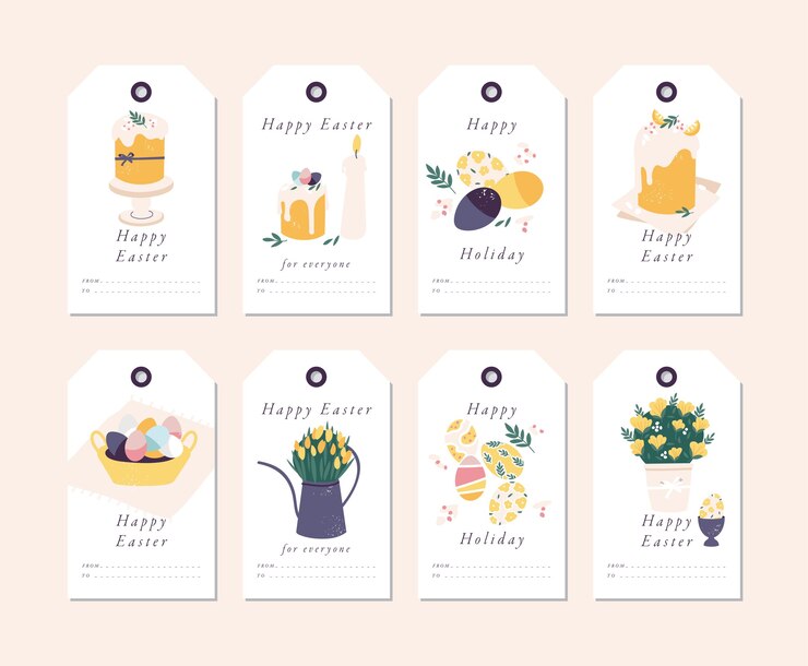 Etiquetas de vacaciones de Pascua feliz con tipografía y colorido icono.