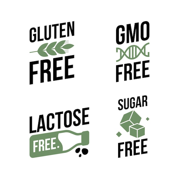 Etiquetas vectoriales sin lactosa sin azúcar sin gluten sin OMG para diseños de emblemas de alimentos