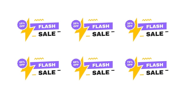 Etiquetas de venta flash insignias 15 25 35 55 65 y 75 por ciento de descuento en la etiqueta de descuento con relámpago Diseño de plantilla de pancartas para promoción comercial venta y publicidad Ilustración vectorial