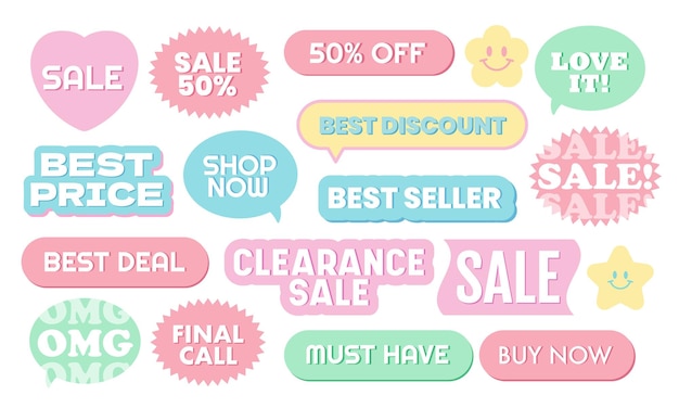 Etiquetas de venta pastel incluyendo venta de liquidación tienda ahora mejor descuento última llamada mejor precio de venta 50