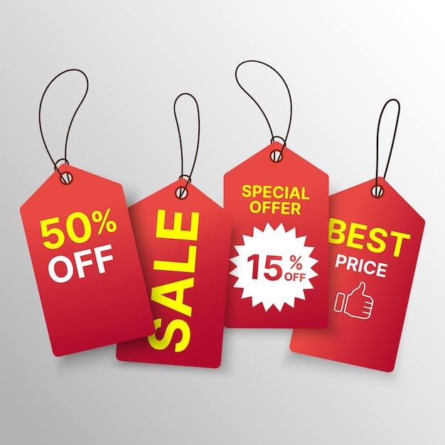 Etiquetas de venta rojas con porcentajes de descuento y mensajes promocionales Ilustración vectorial