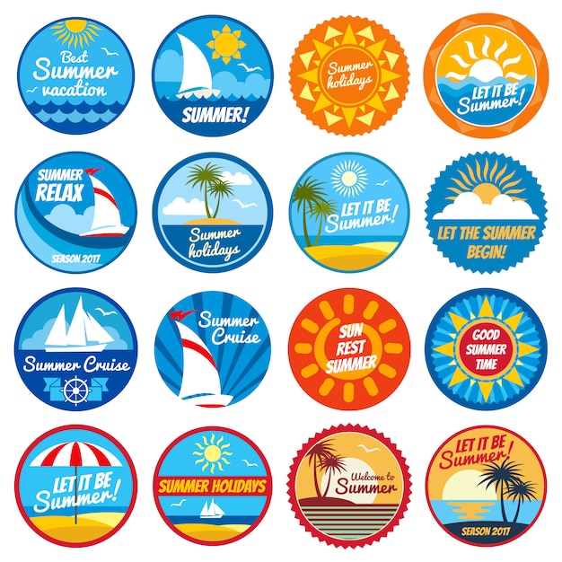 Etiquetas de verano vintage. Logotipos de vectores vacaciones tropicales con tipografía - emblemas con sol y mar