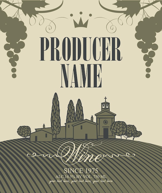 Vector etiquetas de vino con paisaje de viñedos