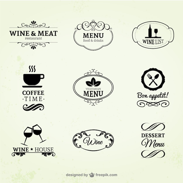 Etiquetas de vino, restaurante y café