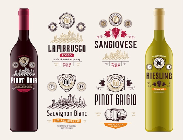Etiquetas de vinos y modelos de botellas vectoriales