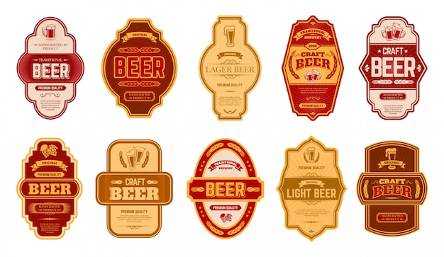 Vector etiquetas vintage de cerveza. cervezas retro cervecería insignias, alcohol artesanal lager vintage puede o conjunto de ilustración de símbolos de botella. cerveza de etiqueta antigua, letras de insignia premium de tipografía