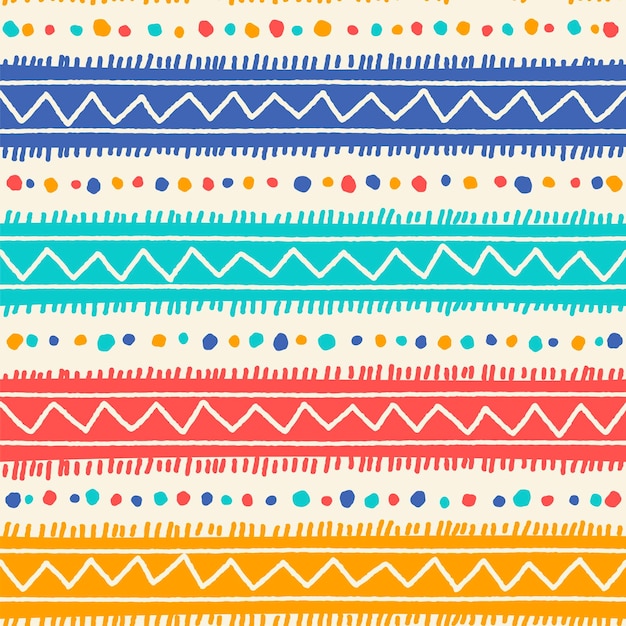 Étnico Tribal Geométrico Folk Indio Escandinavo Gitano Mexicano Boho Africano Ornamento Textura Patrón sin costura Zigzag Línea de puntos Rayas horizontales Color Impresión Textiles Fondo Vector Ilustración
