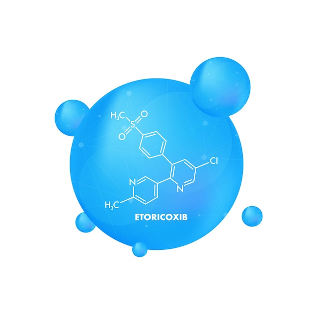 Etoricoxib concepto fórmula química icono etiqueta texto fuente vector ilustración