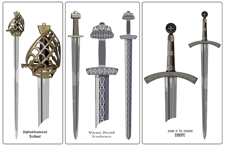 Vector europa antigua armas conjunto de espadas vikingos espada espada caballeros cruzados espada ancha de la