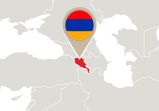 Europa con el mapa y la bandera de Armenia resaltados