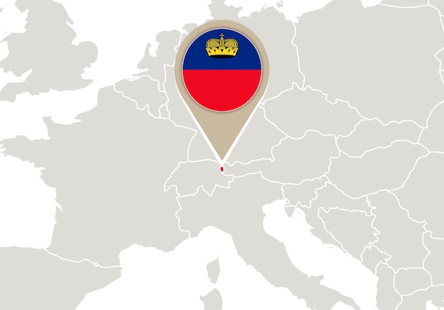 Europa con el mapa y la bandera destacados de liechtenstein