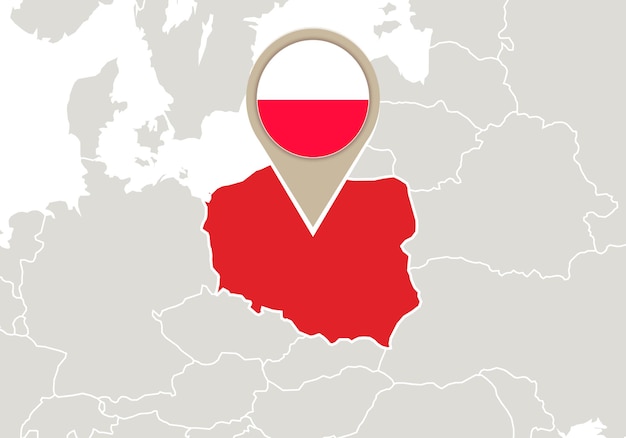 Europa con el mapa y la bandera destacados de Polonia