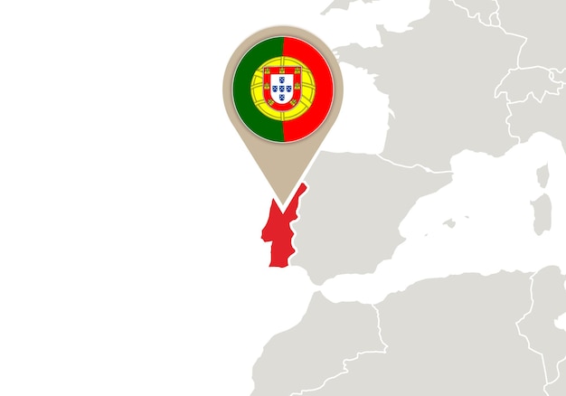 Europa con el mapa y la bandera destacados de Portugal