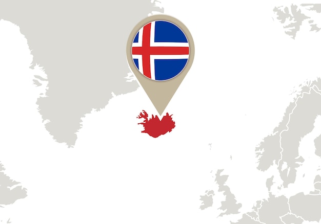 Europa con el mapa y la bandera de Islandia resaltados
