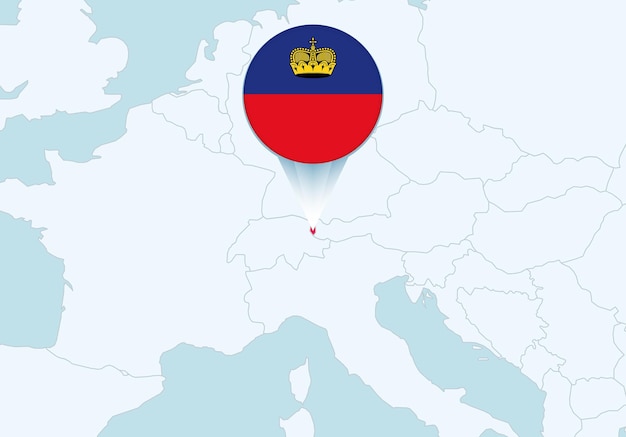 Europa con el mapa de Liechtenstein seleccionado y el icono de la bandera de Liechtenstein