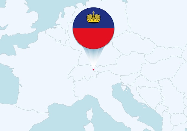 Vector europa con el mapa de liechtenstein seleccionado y el icono de la bandera de liechtenstein