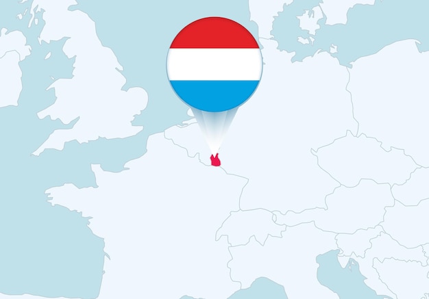 Vector europa con el mapa de luxemburgo seleccionado y el icono de la bandera de luxemburgo