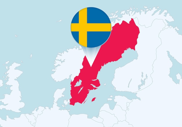 Europa con el mapa de Suecia seleccionado y el icono de la bandera de Suecia