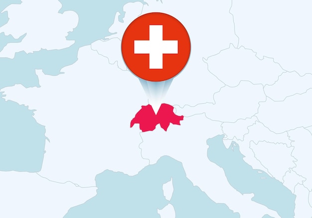 Vector europa con el mapa de suiza seleccionado y el icono de la bandera de suiza