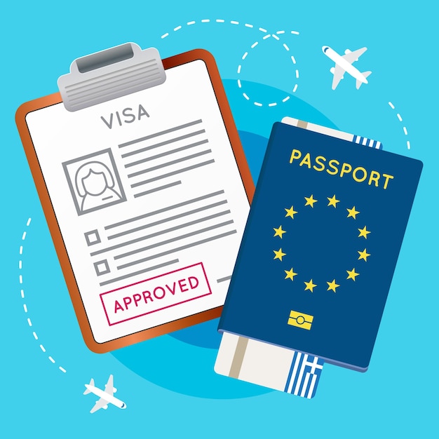 Vector eurozona europa visa aprobado sello en documento pasaporte con vuelo avión boleto viaje inmigración sello vector ilustración