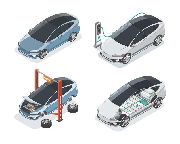 EV Coche eléctrico Mantenimiento y estación de carga vista isométrica conjunto de vectores aislados
