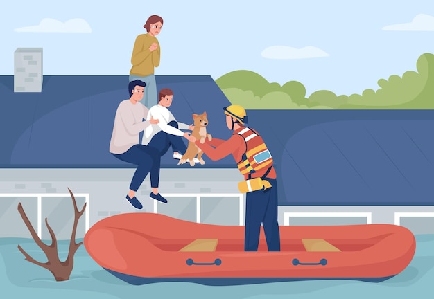 Evacuación de personas de la ilustración de vector de color plano de casa inundada