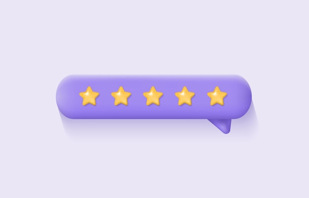 Evaluación de clientes en 3D Comentarios de clientes concepto Clasificación de estrellas en fondo púrpura Ilustración vectorial realista para sitios web o aplicaciones móviles