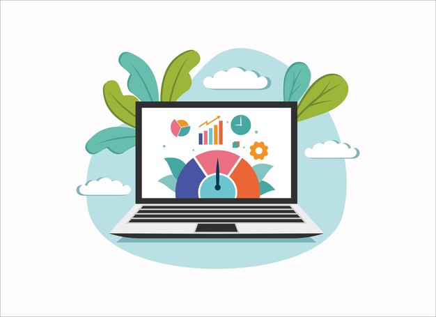 Vector evaluación comparativa del desarrollo empresarial y la mejora en la ilustración plana del diseño de la computadora portátil