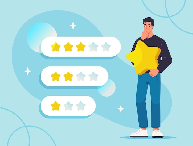 Evaluación del concepto del producto Hombre con estrella cerca de clasificación y calificación Comentarios y críticas en Internet Joven con usuarios o clientes clasificación Ilustración de vector plano de dibujos animados