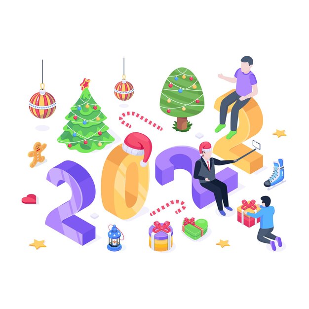 Evento de año nuevo una ilustración isométrica de celebraciones navideñas.