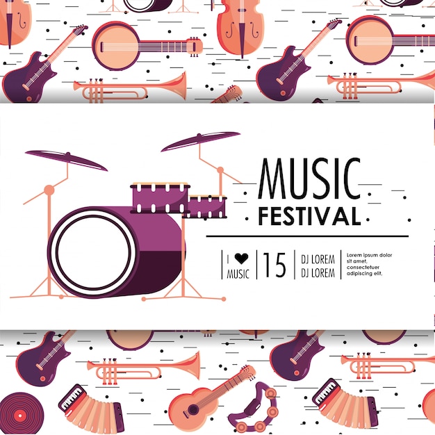 Vector evento de batería e instrumentos para festival de música.