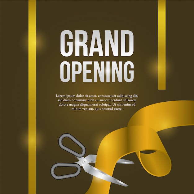 Vector evento de cartel de gran inauguración con corte de cinta dorada
