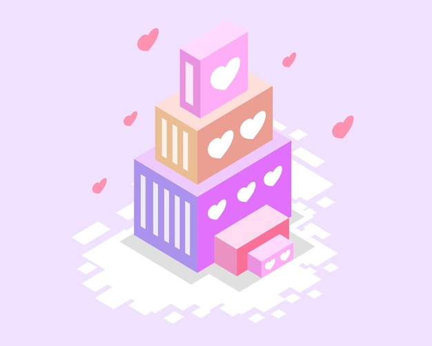 evento del día de san valentín con caja de edificios lindos isométricos con vector de amor