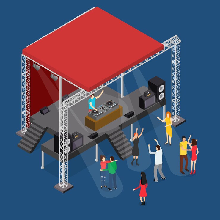 Vector evento etapa podio construcción disco y gente vista isométrica sobre un fondo azul. ilustración vectorial