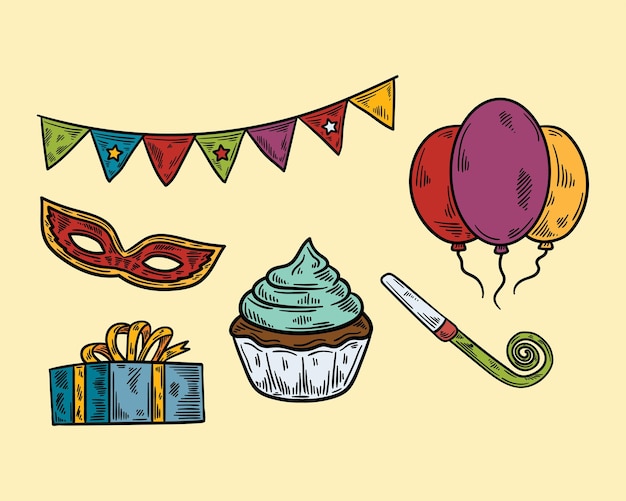 Evento de fiesta de cumpleaños o elemento de fiesta de boda Vintage dibujado a mano