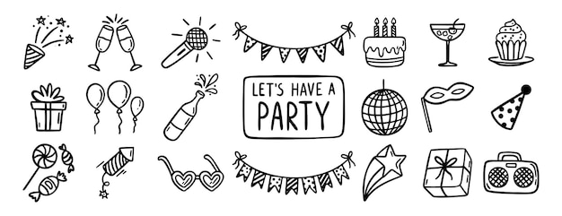 evento de fiesta o cumpleaños icono de garabato elemento de garabato icono dibujado a mano conjunto de dibujos esquema de fiesta celebración de carnaval línea de concepto de clipart colección de símbolos boceto de pastel de cumpleaños decoración de globos evento