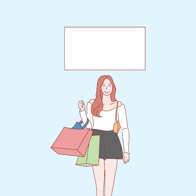 Evento de promoción de venta en línea. personaje de mujer de compras. Ilustraciones vectoriales de estilo dibujado a mano.