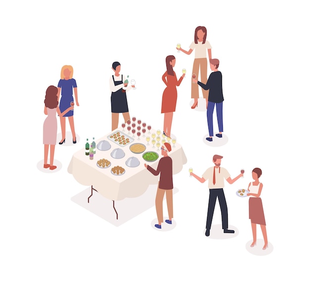 Evento social, ilustración vectorial isométrica de comida de pie. Fiesta corporativa, velada, celebración. Personajes de dibujos animados de camareros masculinos y visitantes de fiestas. Banquete aislado sobre fondo blanco.