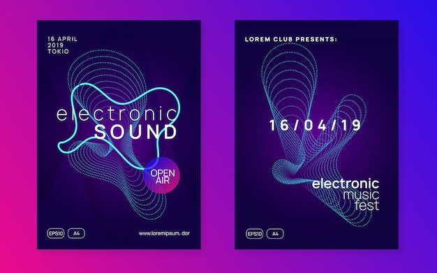 Evento tecno. conjunto mínimo de invitación a discoteca. forma y línea fluidas dinámicas. folleto de evento de techno de neón. música electro dance. sonido electronico. cartel del festival de trance. fiesta de dj club.