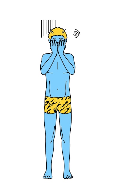 Vector evento tradicional japonés setsubun en febrero un ogro azul hombre vestido con pantalones con estampado de tigre que cubre su rostro en depresión