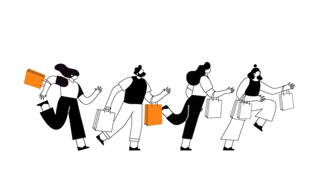 Evento de venta de viernes negro. Personajes de personas de línea con bolsas de la compra. Gran descuento, concepto de promoción, cartel publicitario, banner.