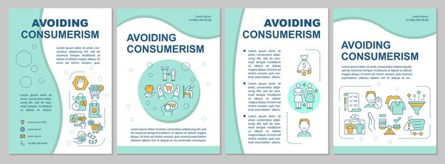 Evitando el consumismo plantilla de folleto azul. Consumo excesivo. Folleto, folleto, impresión de folletos, diseño de portada con iconos lineales. Diseños vectoriales para presentación, informes anuales, páginas publicitarias.