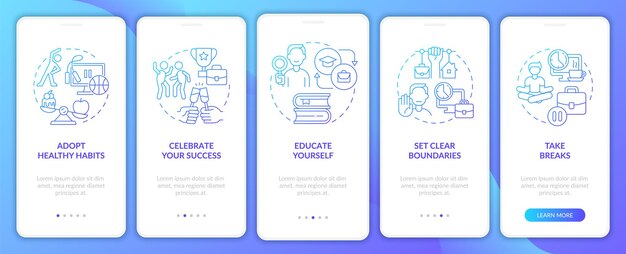 Evitar la ansiedad en el trabajo pantalla de la aplicación móvil de incorporación de degradado azul Tutorial de consejos Páginas de instrucciones gráficas de 5 pasos con conceptos lineales Plantilla de GUI de UI UX Myriad ProBold Fuentes regulares utilizadas