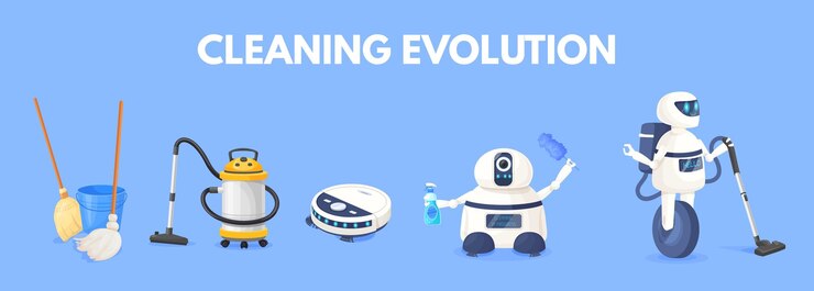 Vector evolución de las aspiradoras herramienta de limpieza doméstica progreso escoba a limpiador robótico tecnología de hogar inteligente dispositivo limpiador de polvo electrodoméstico robótico ilustración vectorial ordenada