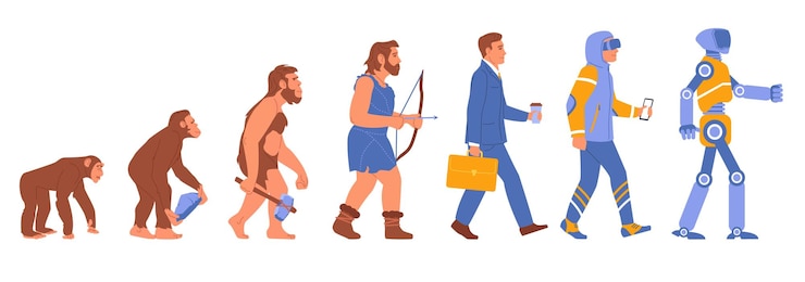 Vector evolución del hombre etapas de desarrollo humano primate y ancestro histórico trabajador o android progreso de personas secuencia de mono a robot conjunto de pasos de evolución intermedia de la humanidad vectorial