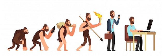 Evolución humana. de mono a empresario y usuario de computadora. personajes de dibujos animados vector