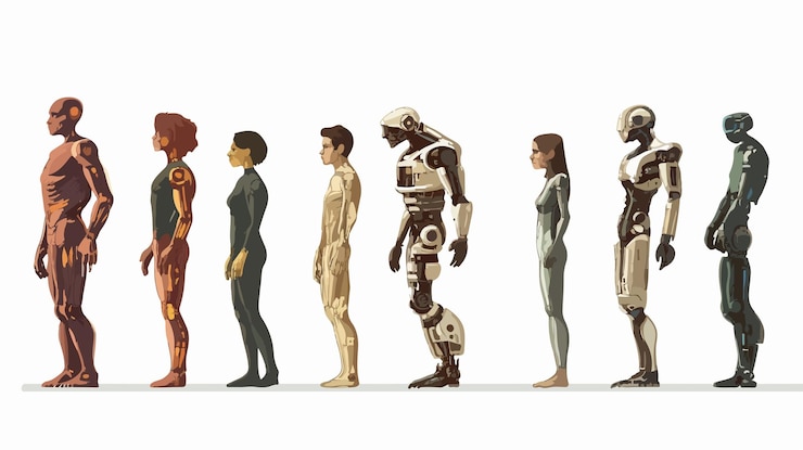 Vector evolución del humano desde el mono hasta el ciborg o la ilustración vectorial del robot