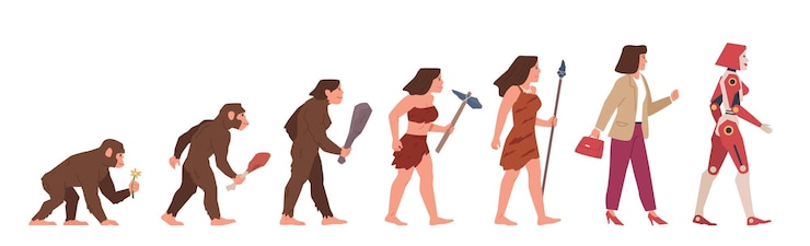 Vector evolución de la mujer etapas de desarrollo femenino de mono a robot cambios graduales homo sapiens caminando proceso erguido concepto de antropología humana hoy en día conjunto plano de dibujos animados vectoriales